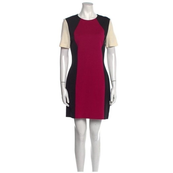 St John 8 Dress Color Block Pencil Sheath Black Ivory Dark Pink Stretch